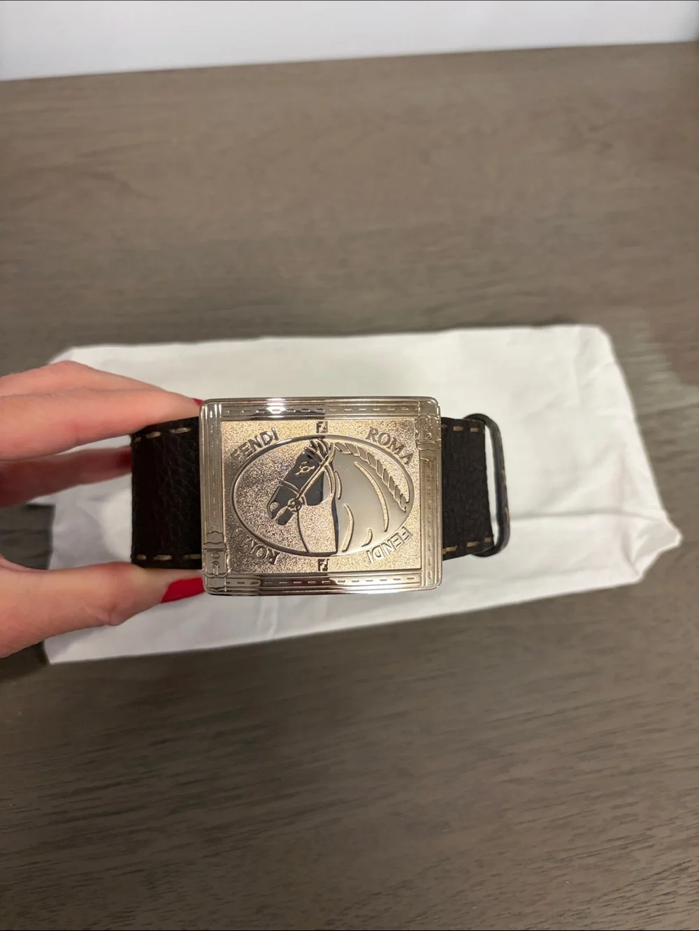 Fendi Black Leather Belt with Gold Engraved Horse Buckle